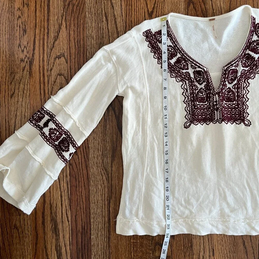 Free People Santa Maria Boho Chic Top Cream Embroidered Long Sleeve Peasant S